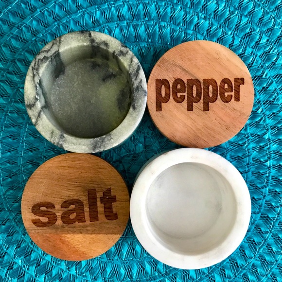Other - Salt & Pepper Pots Marble with Wood NWT 2-1/2" Round